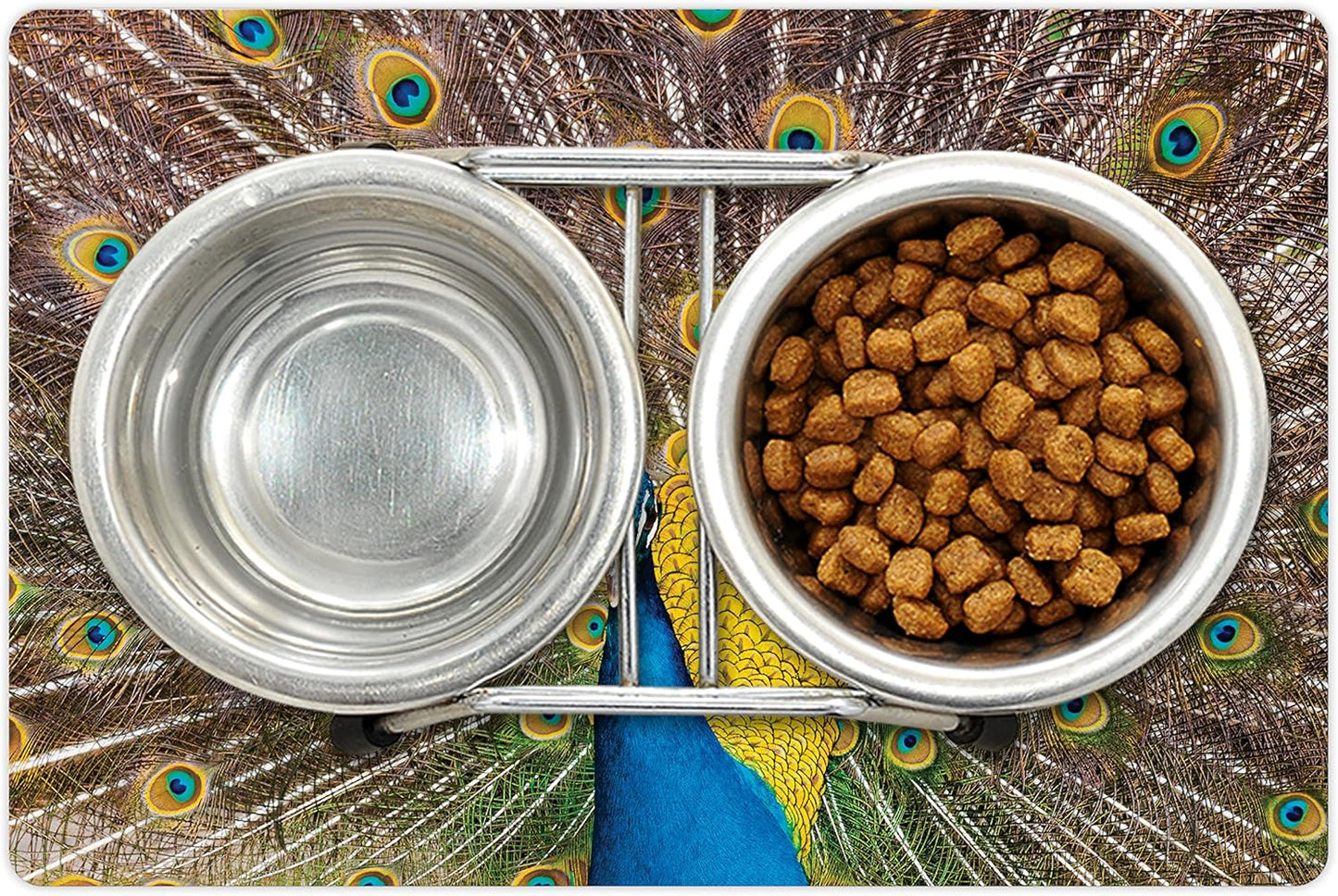 Lunarable Peacock Pet Mat for Food and Water, Peacock Displaying Feathers Vibrant Colors Eye Shaped Patterns Picture, Non-Slip Rubber Mat for Dogs and Cats, 18" X 12", Mustard Brown