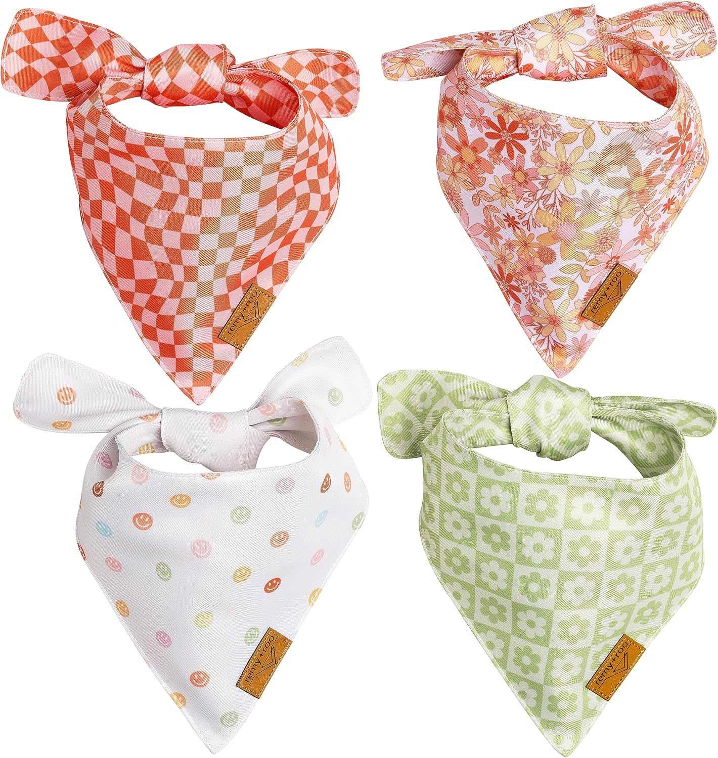 Remy+Roo Small Spring Dog Bandanas - 4 Pack Daisy Set | Premium Durable Adjustable Polyester Fabric | Patented Shape Girl Dog Bandana, Floral Dog Bandana