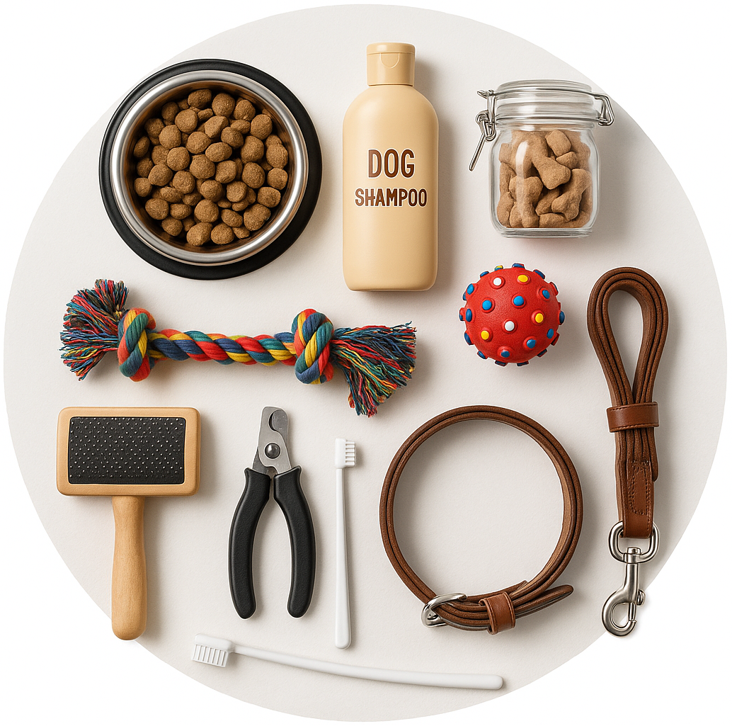 circle photo of dog pet care items, make it a real photo